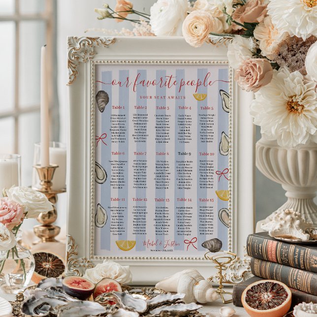 Kustnära Blårandig Oysterbröllops Placeringsplan Poster (Coastal Blue Stripe Oyster Wedding Seating Chart)