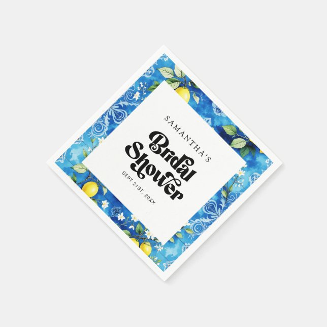 Kustnära Blått Akvarell Citron Citrus Bröllopsdusc Pappersservett (Hörn)