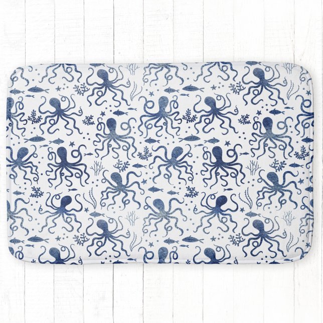 Kustnära Blått Akvarell Undervattensbläckfiskmönst Badrumsmatta (Octopus watercolor pattern blue and white art bath mat)