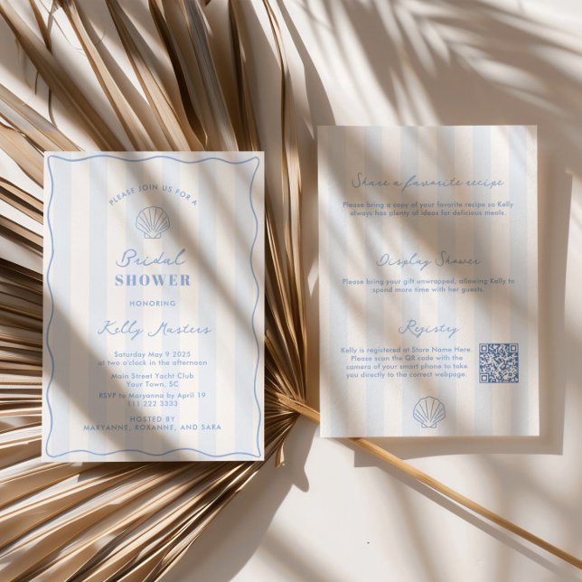 Kustnära bröllopsdusch i blå och vit inbjudningar (Elegant and understated coastal themed double-sided bridal shower invitation with QR code)