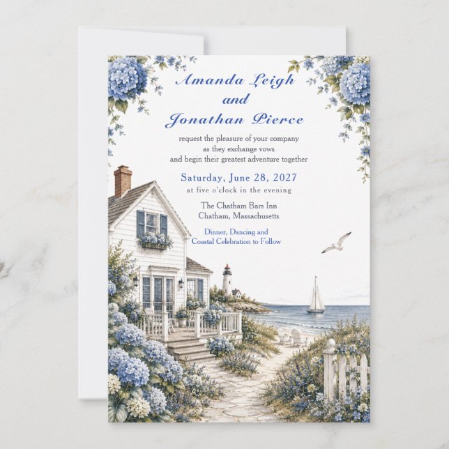 Kustnära Cape Cod Hortensia Stugbröllop Inbjudningar (Framsida)