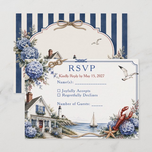 Kustnära Cape Cod Hydrangea Stugbröllop RSVP OSA Kort (Fram/baksida)
