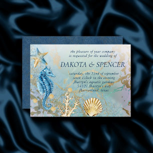 Kustnära Chic Blå och Guld Marble Coral Reef Inbjudningar