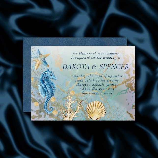 Kustnära Chic | Blå och Guld Marble Coral Reef Inbjudningar (Skapare uppladdad)