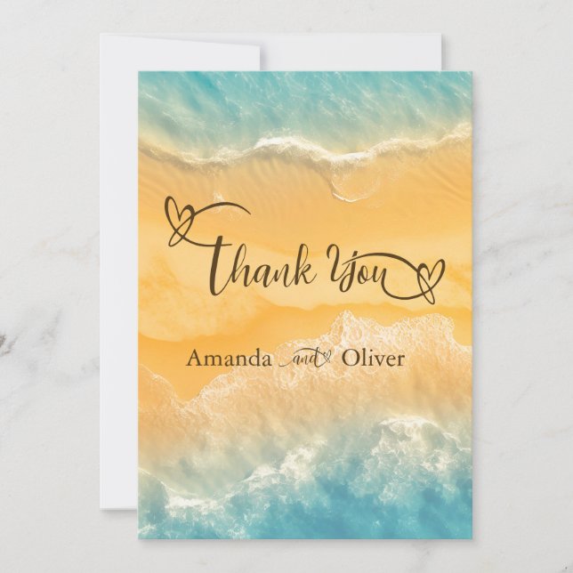 Kustnära Chic Guld Sand Turkos Vatten Bröllop Tack Kort (Framsida)