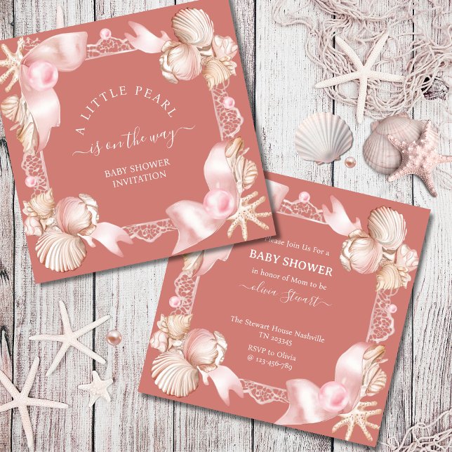 Kustnära chic rosa pärlor Baby Shower Inbjudningar (Skapare uppladdad)