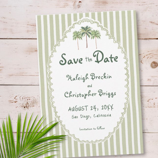 Kustnära Chic Sol Palmträd Bröllop Spara Datumet (Coastal Chic Sun Palm Tree Wedding Save The Date)