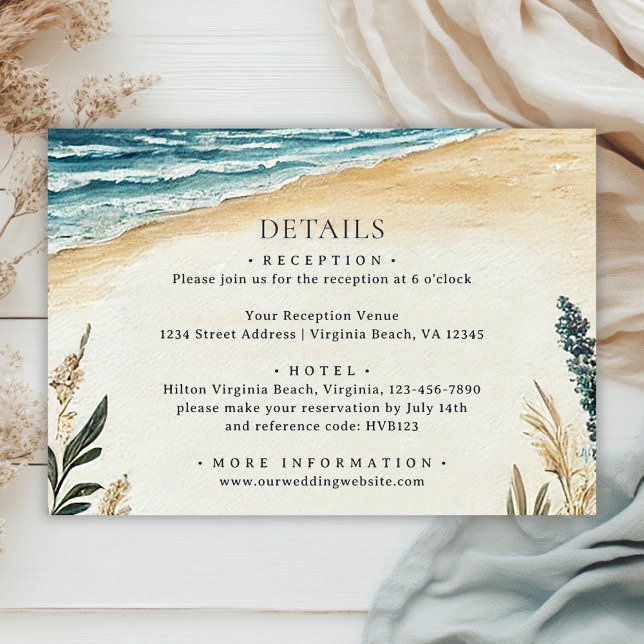 Kustnära Chic Strand Watercolor Bröllopsdetaljer Tilläggskort (Front - Coastal Chic Beach Watercolor Wedding Details Enclosure Card)
