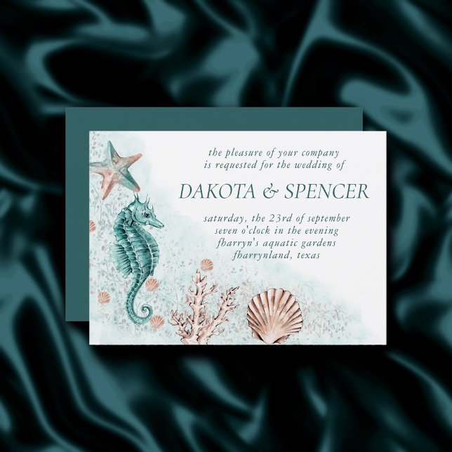 Kustnära Chic | Teal Coral Reef Seahorse Bröllop Inbjudningar (Skapare uppladdad)