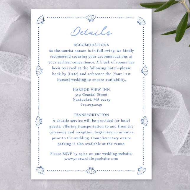 Kustnära Chicen Snäcka Gräns Elegant Blå Bröllop Tilläggskort (Seamlessly guide your guests with this chic nautical details card—coordinating perfectly.)