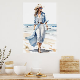 Kustnära Cowgirl Blue, White & Denim Watercolor Poster
