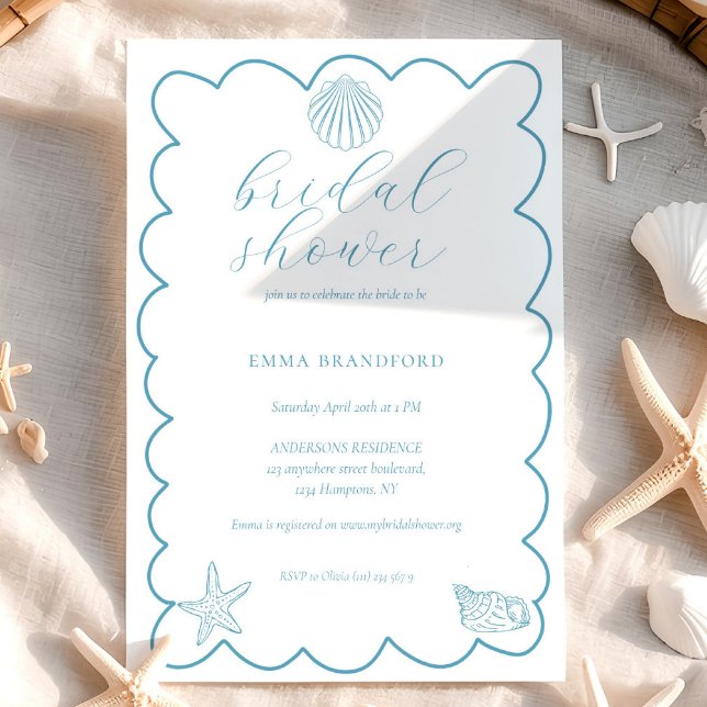 Kustnära Doodle Blå Vit Bröllopsdusch  Inbjudningar (Coastal Doodle Blue White Bridal Shower Invitation)