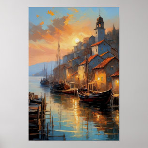 Kustnära ekosystem, kvällsvy för gammal stad poster