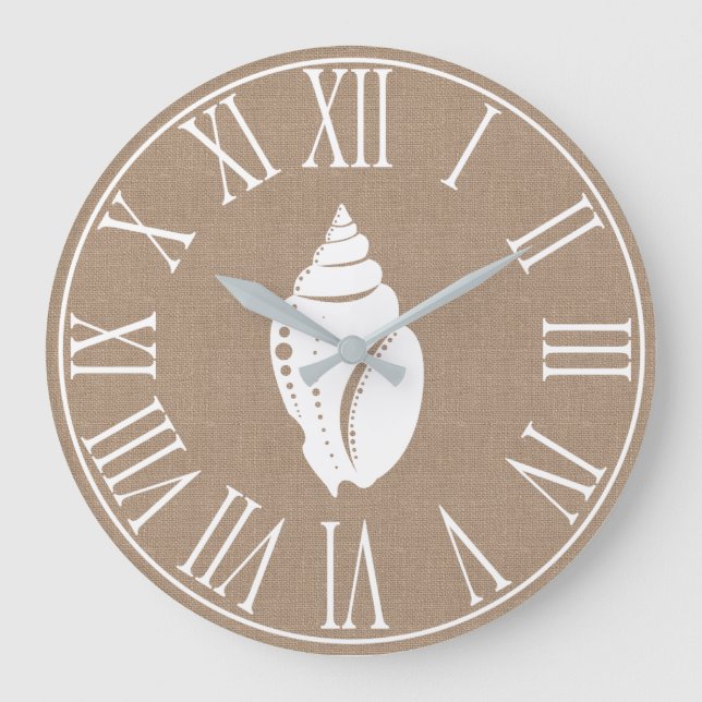 Kustnära Eleganten Faux Burlap & White Seashell Stor Klocka (Framsida)