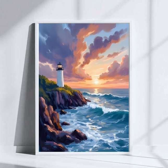 Kustnära fyr under solnedgång | Strand Oceanmålnin Poster (Skapare uppladdad)