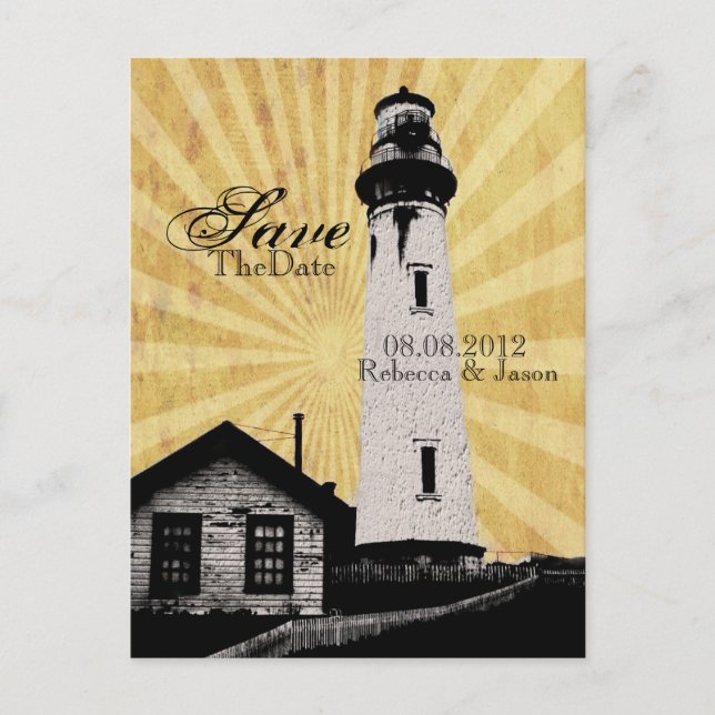 Kustnära fyrbröllop save the date meddelande vykort (Framsida)
