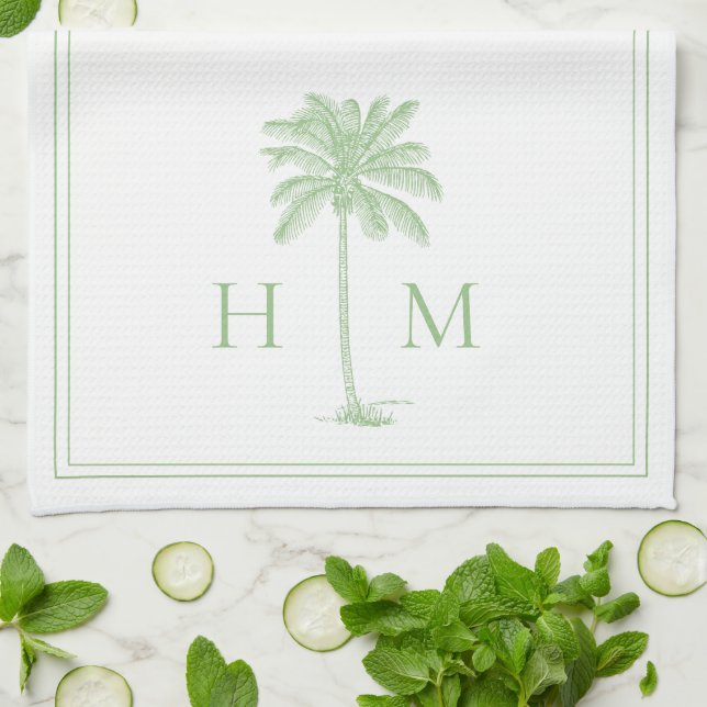 Kustnära Grönt och vit palmetto Handflatan Monogra Kökshandduk (Vikta)