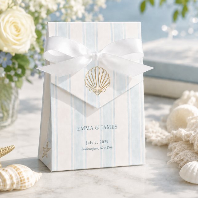 Kustnära guld snigelskal blå vit bröllop presentaskar (Coastal Gold Seashell Blue White Wedding Favor Boxes)