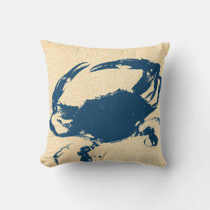 Kustnära Gult Herringbone & Blue Crab Kudde