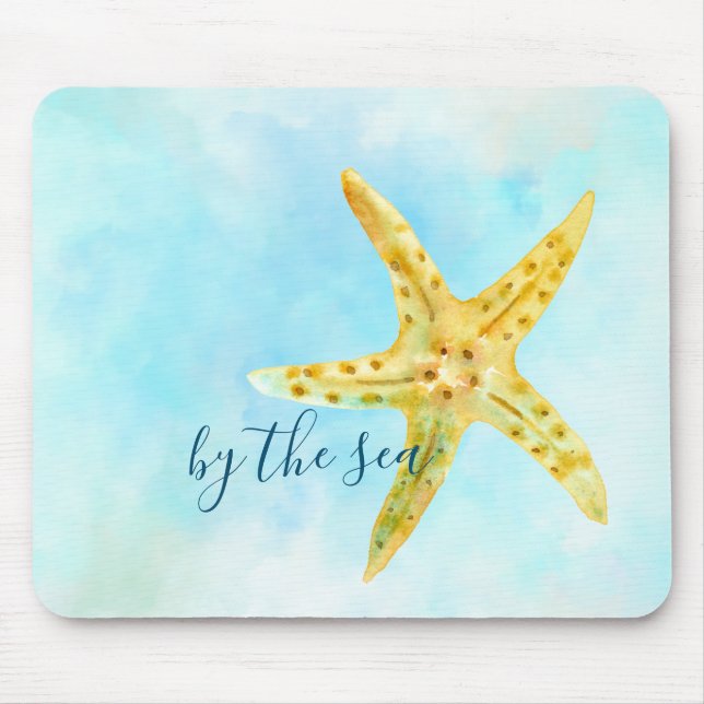 Kustnära Gult Starfish Aqua Watercolor Musmatta (Framsidan)