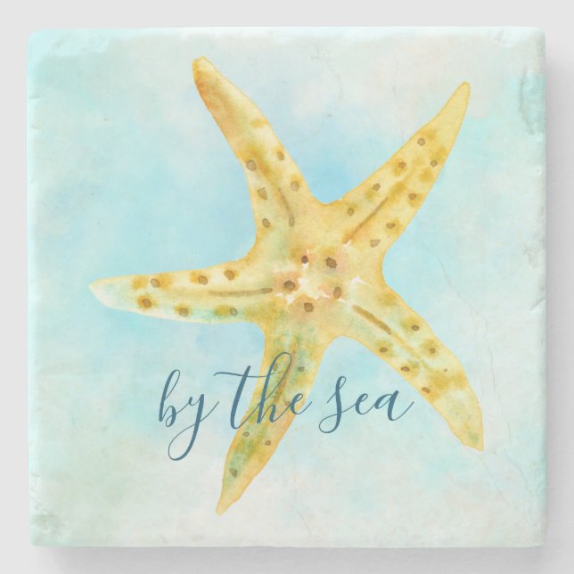 Kustnära Gult Starfish Aqua Watercolor Stenunderlägg (Framsidan)