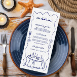 Kustnära Hand plockade Cocktail Seashell Bröllop Meny<br><div class="desc">Laddning och avslappnad av temat bröllop vid kusten som har hand plockade-dockor i marinblått på en benvit bakgrund. I illustrationerna ingår champagne och vin-cocktailglas, snäckor, bord och en tyst, vågigt gräns. Texten är i handskriftsformat stil och kan anpassas med menyalternativen. På motsatt sida finns ett pars vapensköld som du kan...</div>