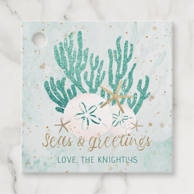 Kustnära havs och Hälsning Turquise Glitter Gåvor Etiketter (Framsida)