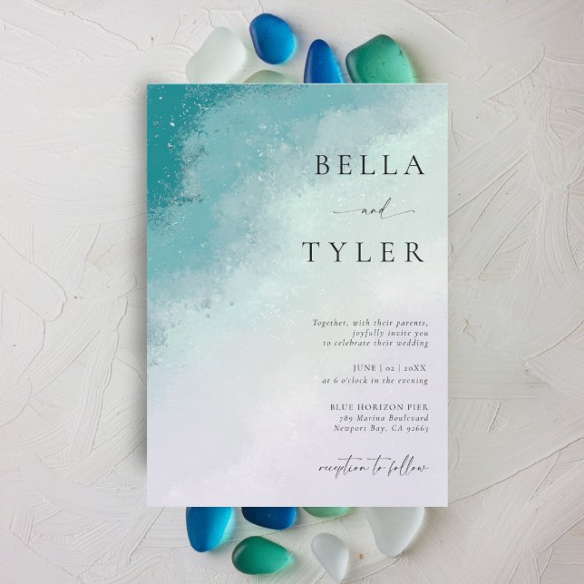 Kustnära havsglas Teal Lavendel Elegant Bröllop Inbjudningar (coastal wedding invitation sea glass teal blue lavender purple modern ocean beach elegant classic)