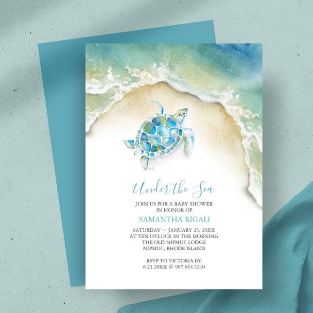 Kustnära Havssköldpadda Blå Bebisdusch Vattenfärg Inbjudningar (baby shower invitations for a boy watercolor sea turtle and ocean art by Victoria Grigaliunas)