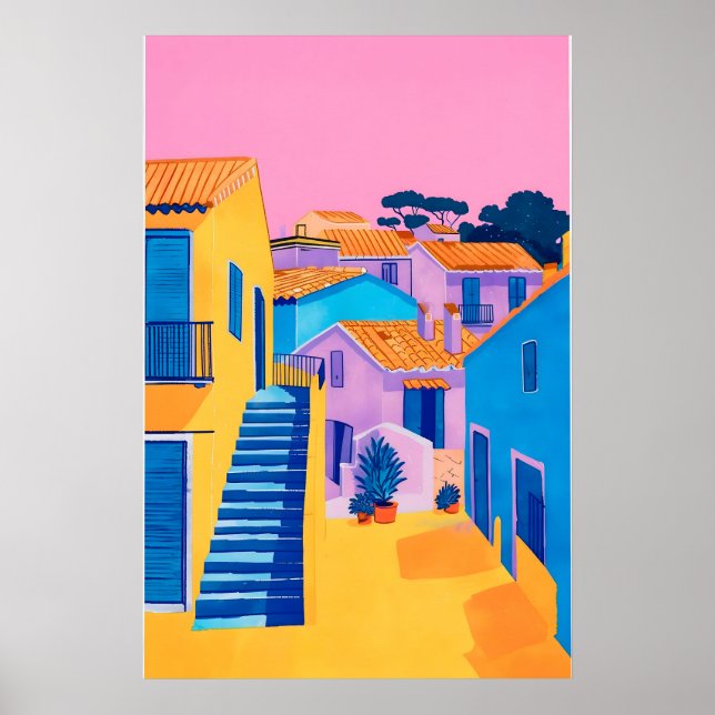 Kustnära italiensk stad konsttryck kvällsglöd poster (Framsidan)
