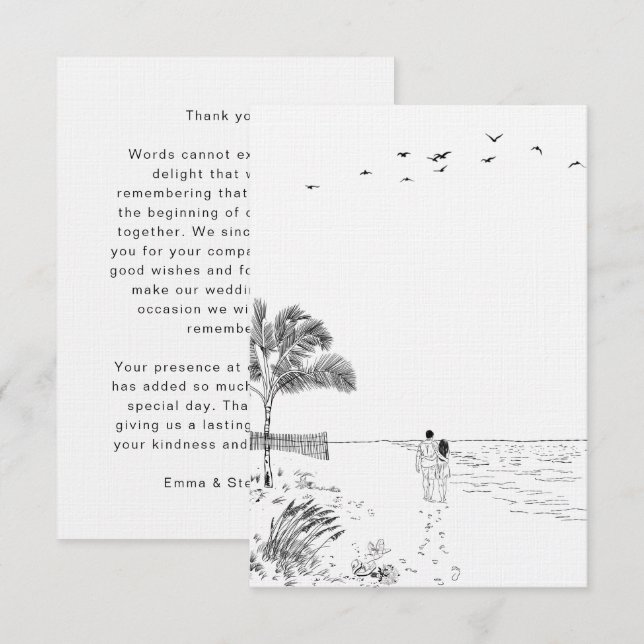 Kustnära Kärlek Sandy Beach Minimal Line Art Bröll Tack Kort (Fram/baksida)