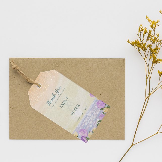 Kustnära lila strandblommig bröllop tack presentetikett (Coastal Purple Beach Floral Wedding Thank You Gift Tags)