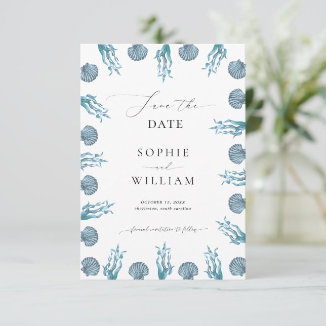 Kustnära Marinblå Snäckskalsram Bröllop på Strande Spara Datumet (Stående Fram)