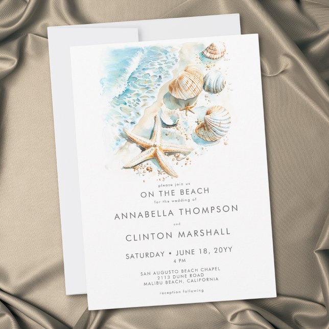 Kustnära Modern Skal Vattenfärg Bröllop På Strande Inbjudningar (Coastal On Beach Modern Shells Watercolor Wedding Invitation)