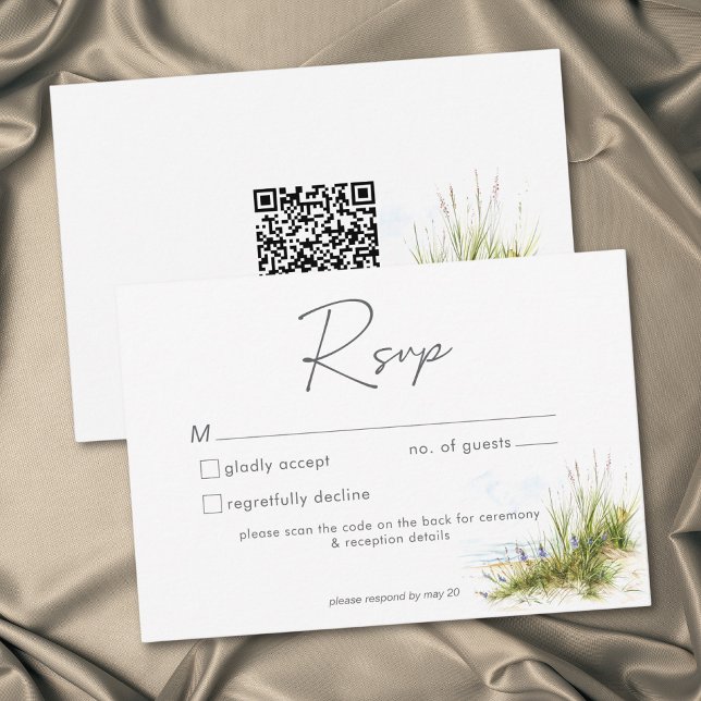Kustnära modern vattenfärgbröllop QR OSA Kort (Coastal Beach Modern Watercolor Wedding QR RSVP Card)