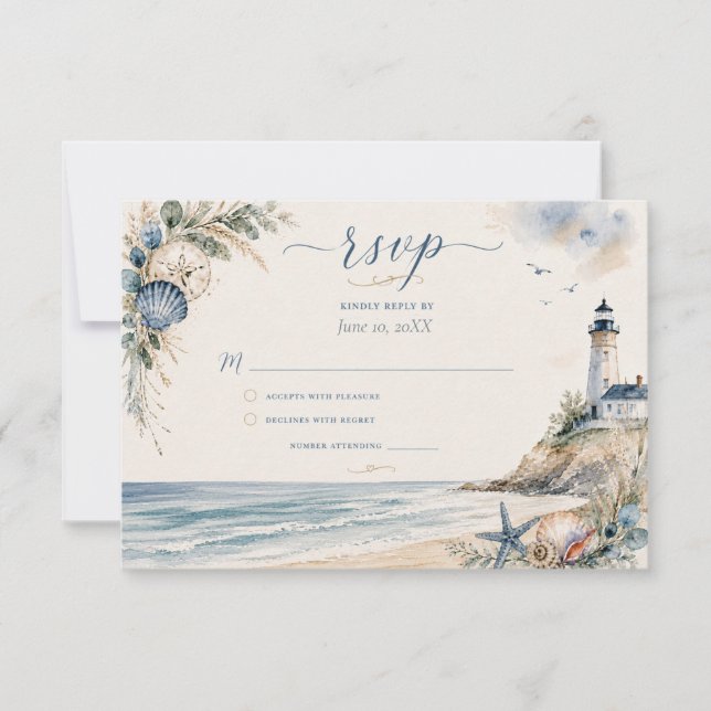 Kustnära Nantucket fyr strand bröllop RSVP  OSA Kort (Framsida)