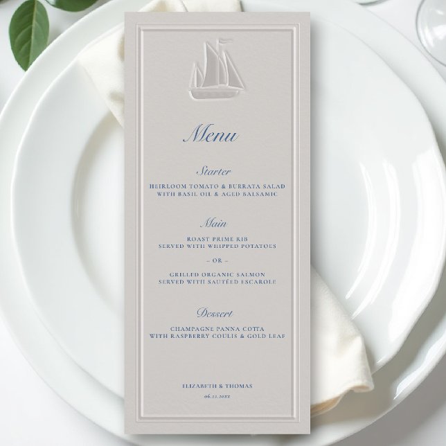 Kustnära nautisk segelbåt Elegant formell bröllop Meny (coastal wedding menu nautical sailboat formal traditional double frame modern classic ivory )