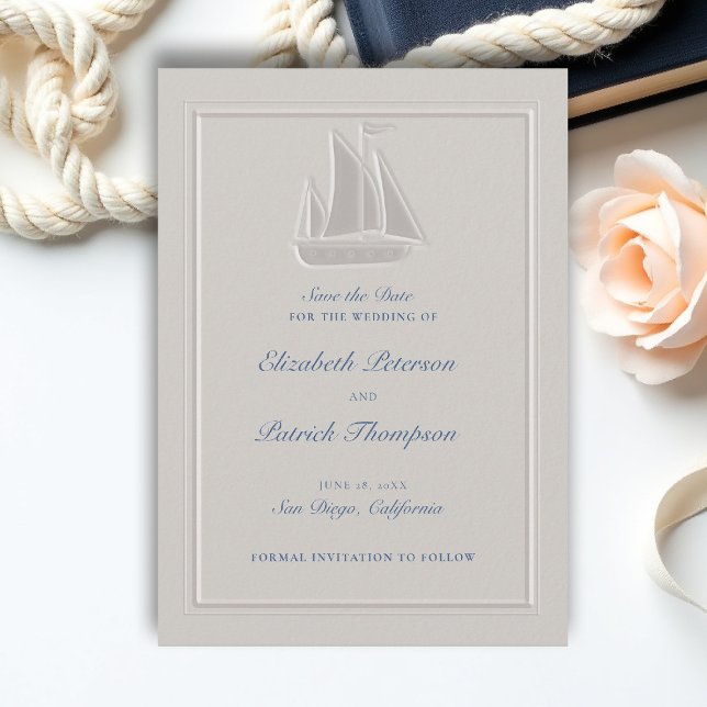 Kustnära nautisk segelbåt Elfenbensvit formell brö Spara Datumet (coastal wedding save the date nautical sail boat formal traditional double frame modern classic)