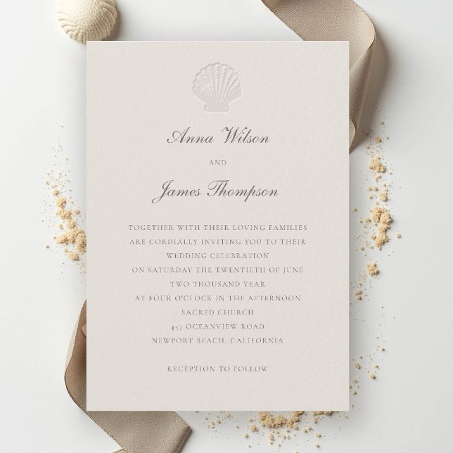 Kustnära Nautisk Snäcka Formal Classic Ecru Bröllo Inbjudningar (nautical coastal wedding invitation modern classic formal traditional elegant shell ecru)