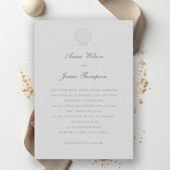 Kustnära Nautiskt havsgränssnitt - formellt klassi Inbjudningar (nautical coastal wedding invitation modern classic formal traditional elegant shell medium ivory)