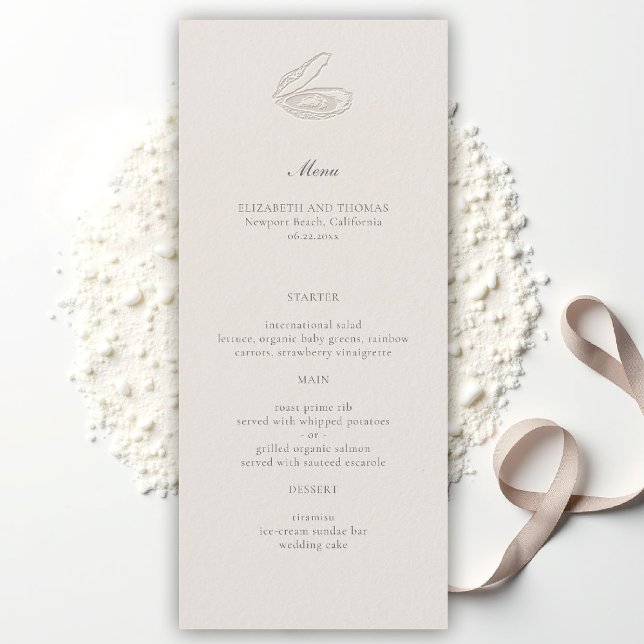 Kustnära Oyster Klassisk Beige Bröllop Meny (oyster wedding menu coastal nautical formal traditional modern classic ecru elegant boat yacht sea)