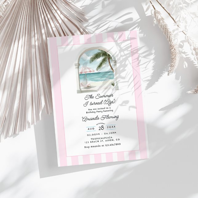 Kustnära Rosa Strand Sommar Födelsedagsfest Inbjudningar (Coastal Pink Beach Summer Birthday Party Invitation)