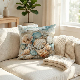 Kustnära Skal Vattenfärg Driftwood Scen Kudde