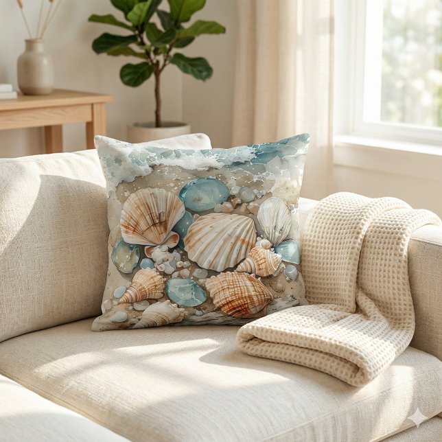 Kustnära Skal Vattenfärg Driftwood Scen Kudde (Coastal Seashell Watercolor Driftwood Scene Throw Pillow Mockup A)