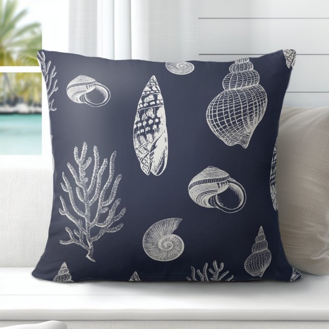 Kustnära Snäckan Blå vit Kudde (Discover Gorgeous Coastal Throw Pillows by Totally Coast.)