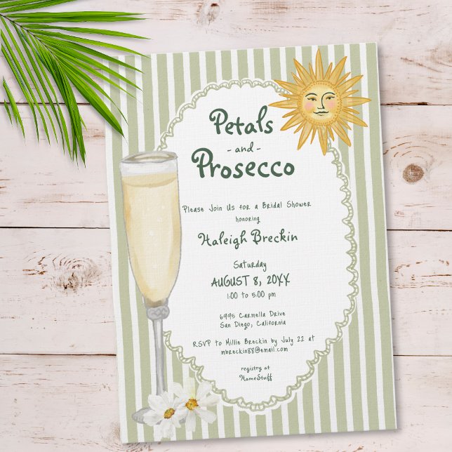 Kustnära sol palmblad och Prosecco bröllopsdusch Inbjudningar (Coastal Sun Palm Petals & Prosecco Bridal Shower Invitation)