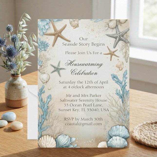 Kustnära strand beige sand invigningsfirande  inbjudningar (Coastal Beach Beige Sand Housewarming Celebration Invitation)