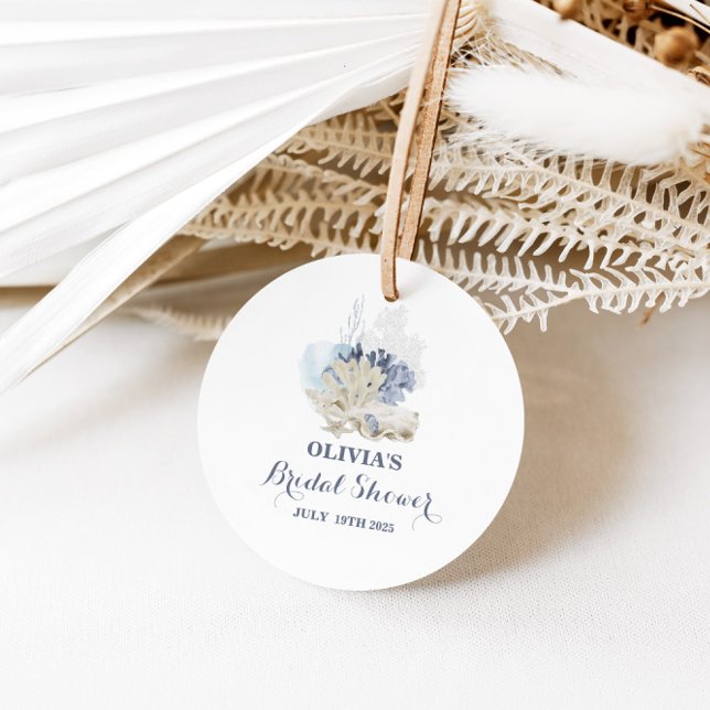 Kustnära strand blå snäckor bröllopsdusch gåvor etiketter (Skapare uppladdad)