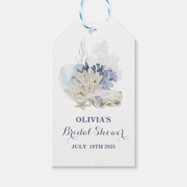 Kustnära strand blå snäckor bröllopsdusch presentetikett (Framsidan)