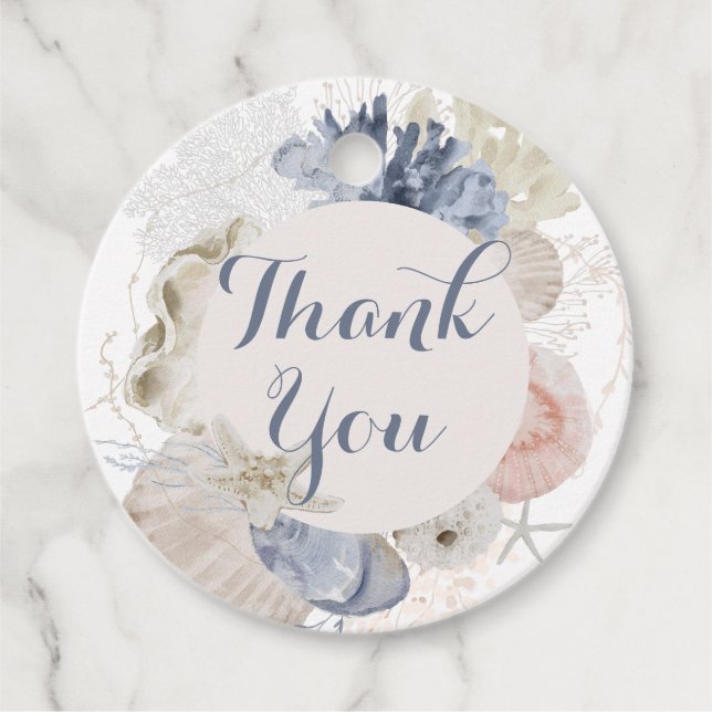 Kustnära strand blå snigelskal bröllopsfest gåvor etiketter (Framsida)